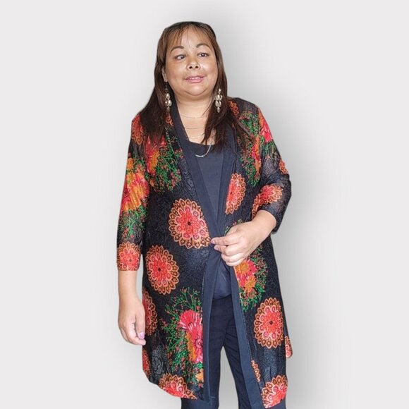 WOMENS XL BLACK AND ORANGE FLORAL LACE BLOUSE - Picture 2 of 4